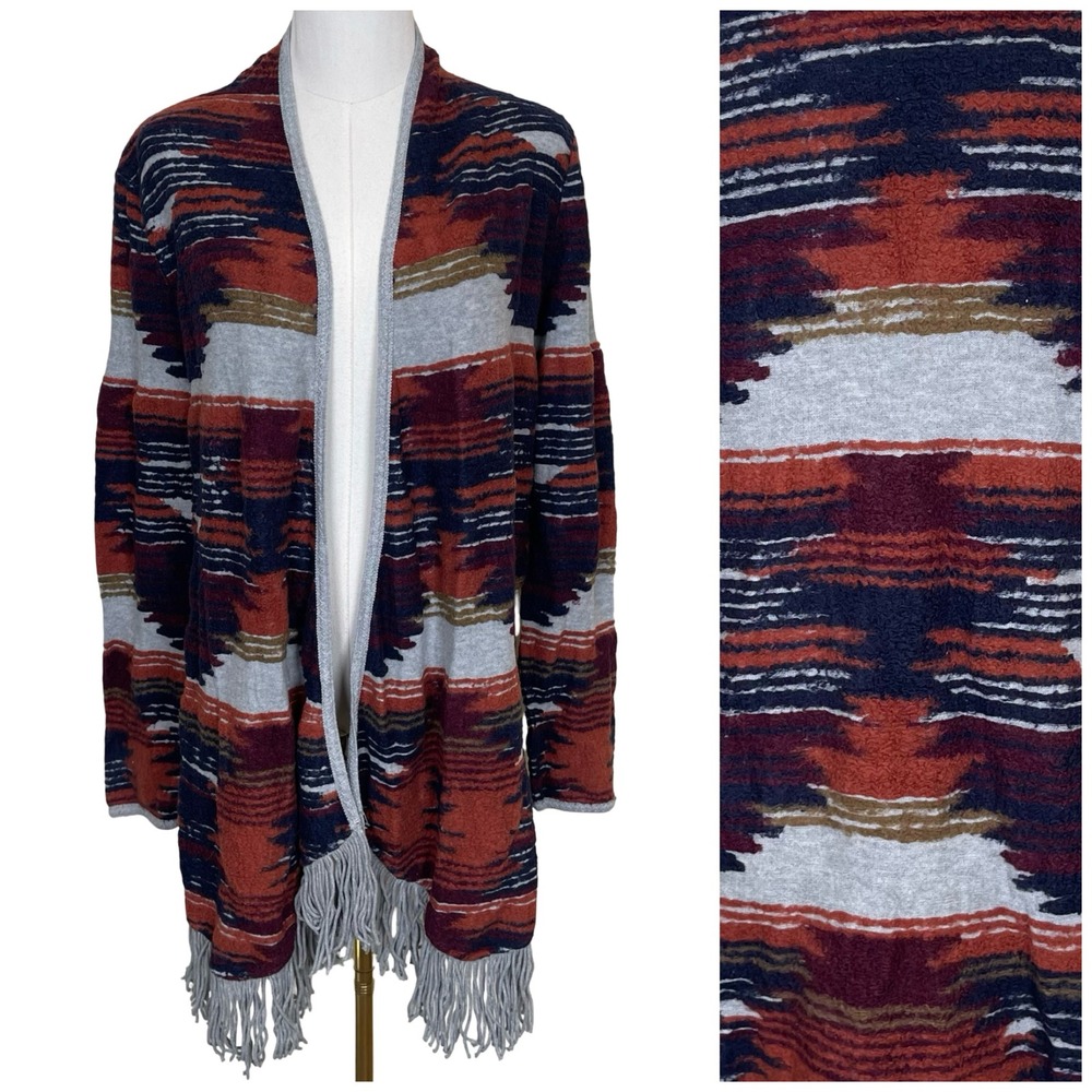 Lucky Brand Southwestern‎ Aztec Print Fringe Cardigan Sweater L Western Boho